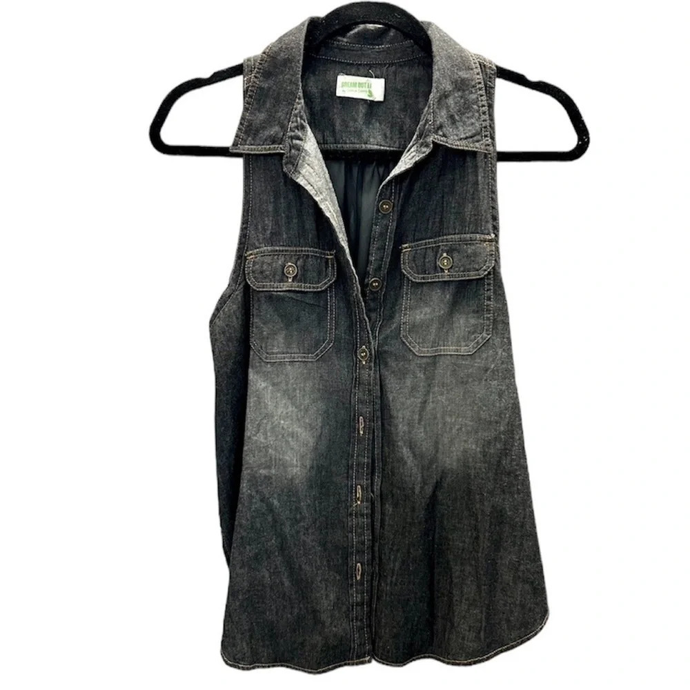 Dream Out Loud by Selena Gomez Black Denim Sleeveless Button-Up Top Sz L GUC